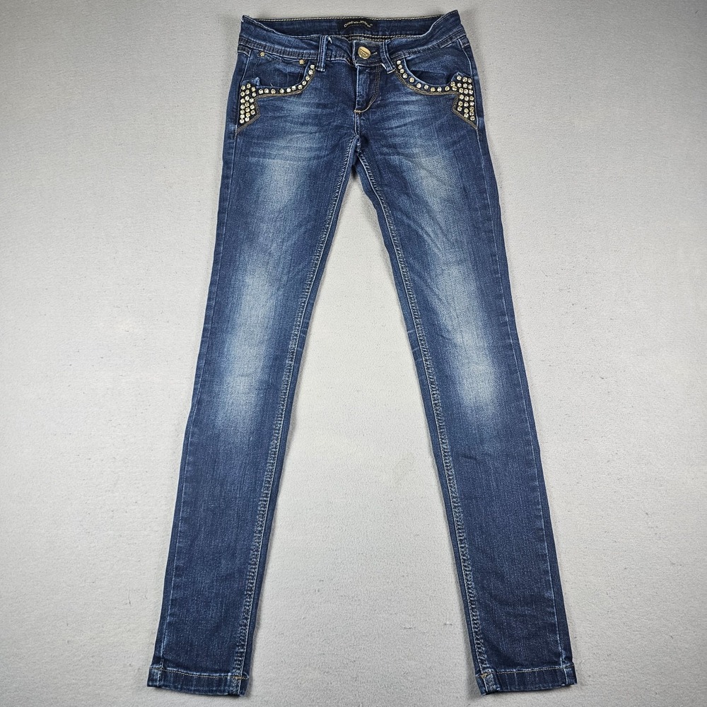Vintage Y2K Dishe Jeans Womens 38 Blue Denim Rhinestones Embellished Skinny Slim